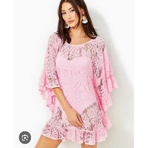 Lilly Pulitzer Pink Lace Ruffle Bell Sleeve Boho Swim Cover Up Dress Size L/XL